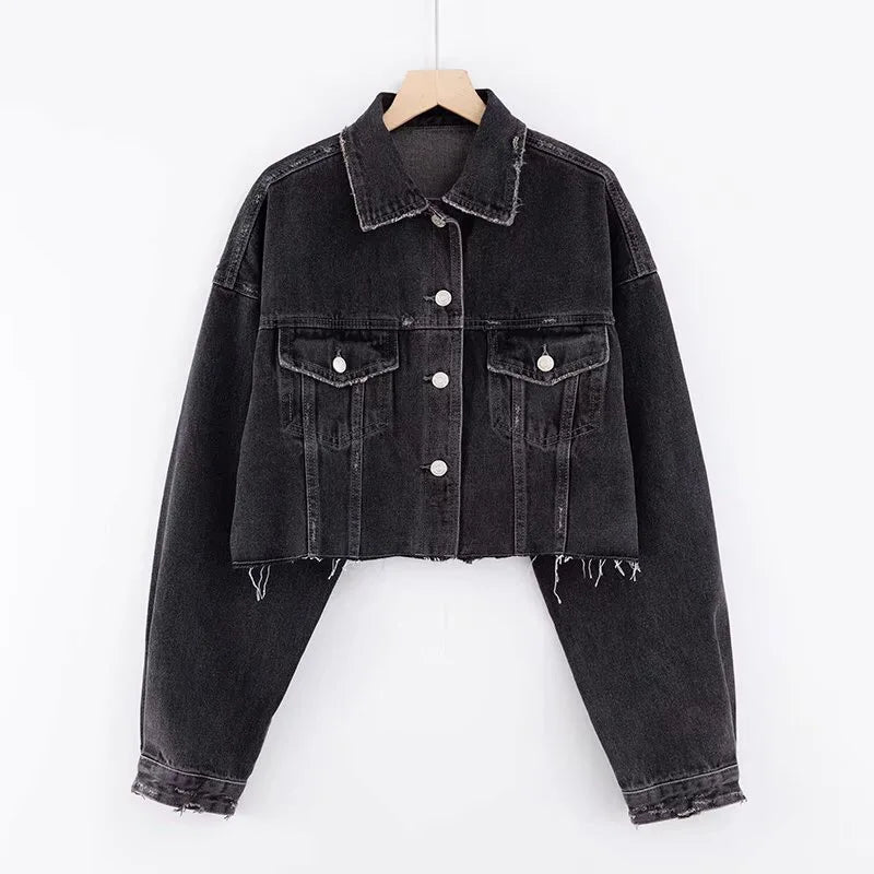 Autumn Drop Shoulder Loose Short Denim Jacket Vintage Women Lapel Pockets Single Breasted Draped Jean Coat Cool Outerwear