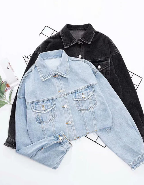 Load image into Gallery viewer, Autumn Drop Shoulder Loose Short Denim Jacket Vintage Women Lapel Pockets Single Breasted Draped Jean Coat Cool Outerwear
