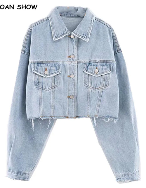 Load image into Gallery viewer, Autumn Drop Shoulder Loose Short Denim Jacket Vintage Women Lapel Pockets Single Breasted Draped Jean Coat Cool Outerwear
