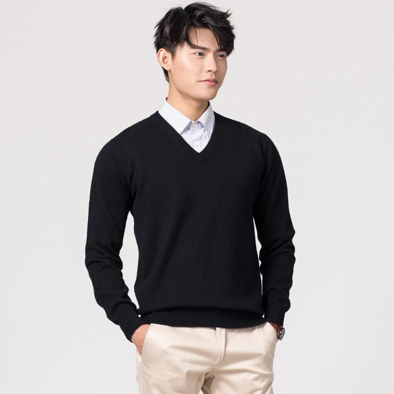 Man Pullovers Winter New Fashion Vneck Sweater Hot Sale Wool Knitted Jumpers Male Woolen Clothes Standard Tops