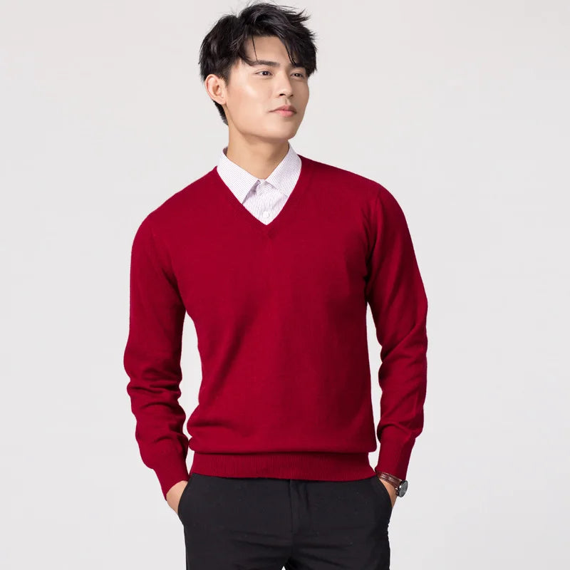 Man Pullovers Winter New Fashion Vneck Sweater Hot Sale Wool Knitted Jumpers Male Woolen Clothes Standard Tops