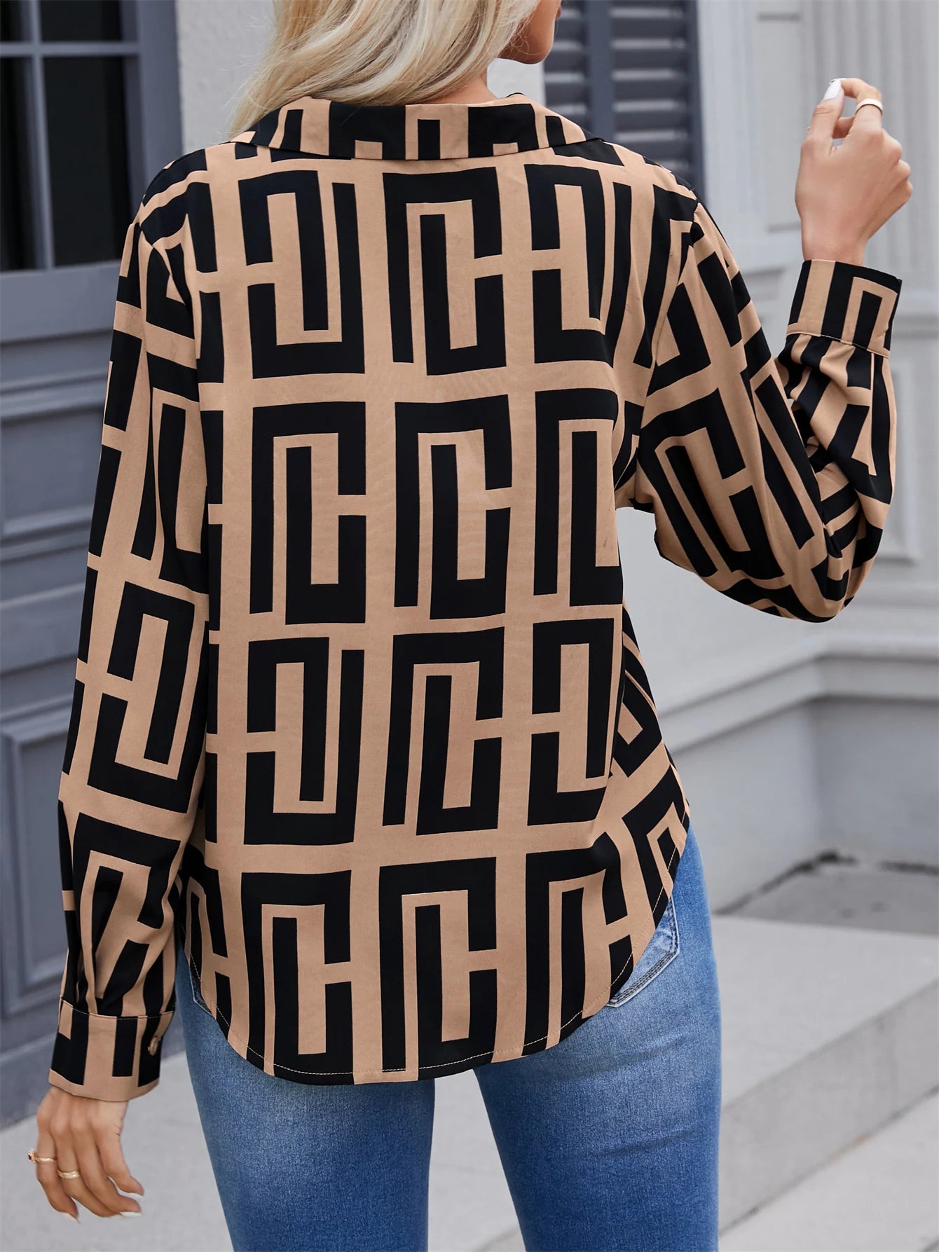 2024 Elegant geometric printed long sleeved shirts For Women Fashion Suit Collar Button Front Blouse