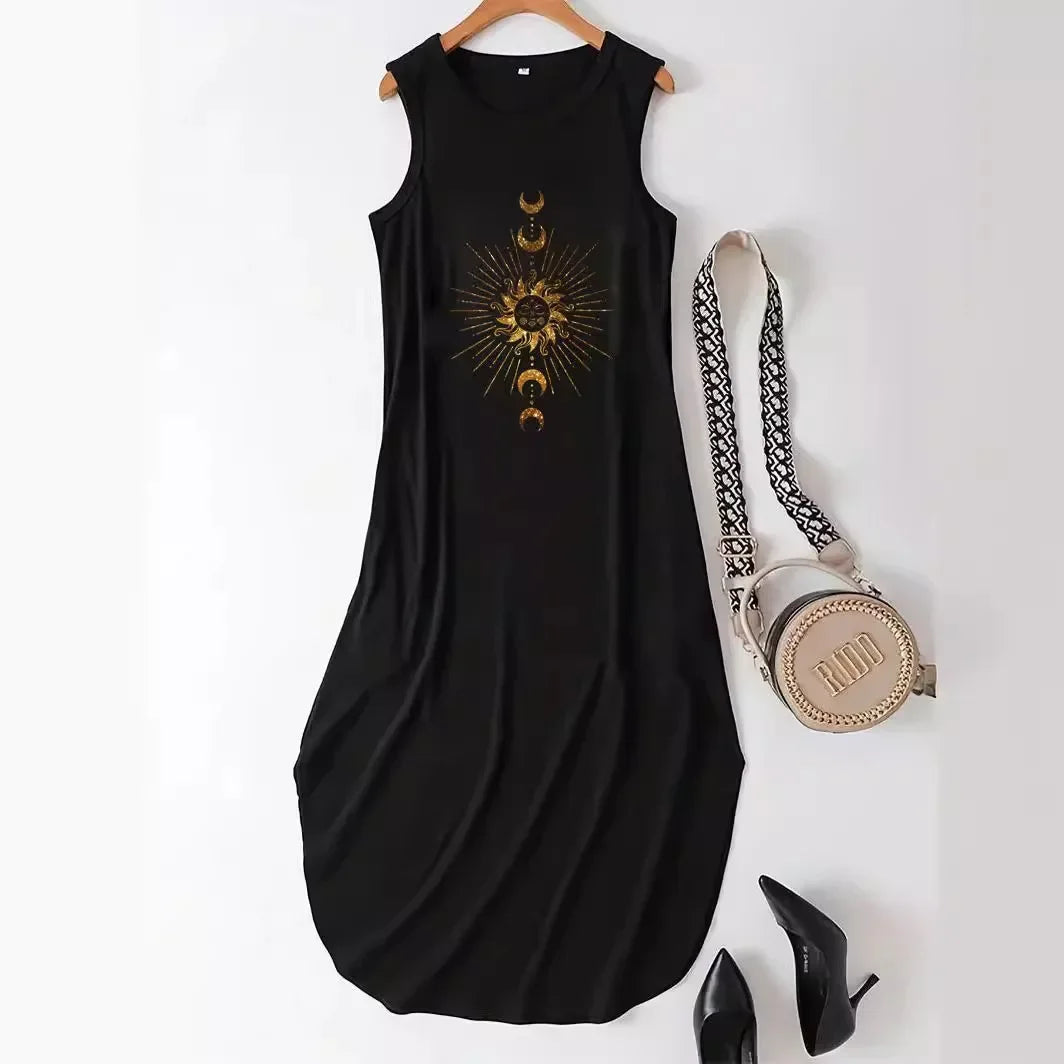 Cross-border Trade Amazon Fast-selling French Pattern Sun Print Long Vest Dress Sleeveless Summer Casual Fashion