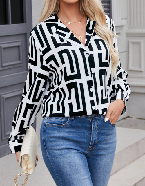 Load image into Gallery viewer, 2024 Elegant geometric printed long sleeved shirts For Women Fashion Suit Collar Button Front Blouse
