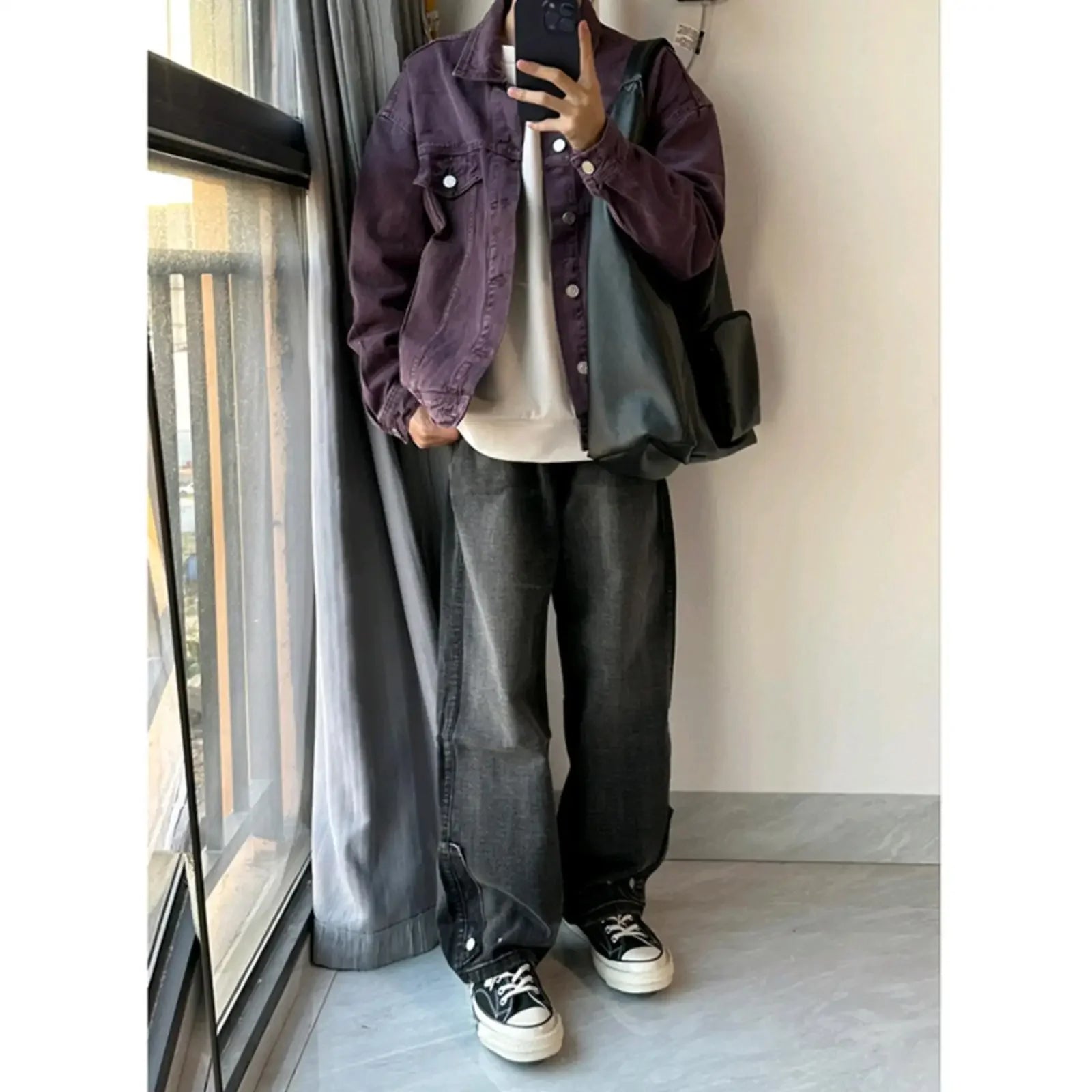 Vintage American Style Denim Jacket For Men Loose Fit Spring Autumn Niche Design Working Clothes Purple Washing Denim Jacket