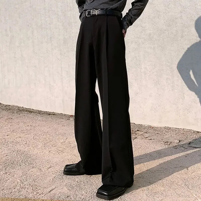 Spring Korean Style Loose-fit Draped Trousers Men Trendy Straight-leg Design Bell Bottoms Floor-length Pants High-end Feel