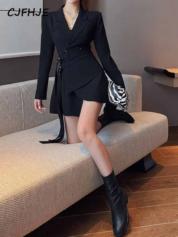 CJFHJE Mini Party Blazer Dress Women Korean One-piece Office Lady Elegant Dress Chic Sashes Design Long Sleeve Clothes Winter