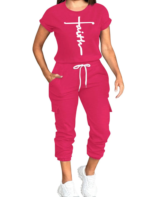 Load image into Gallery viewer, Women&#39;S Pant Sets Monogrammed Iron-On Short Sleeve Top Lace-Up Drawstring Long Sweatpants Two Piece Set T-Shirts Women
