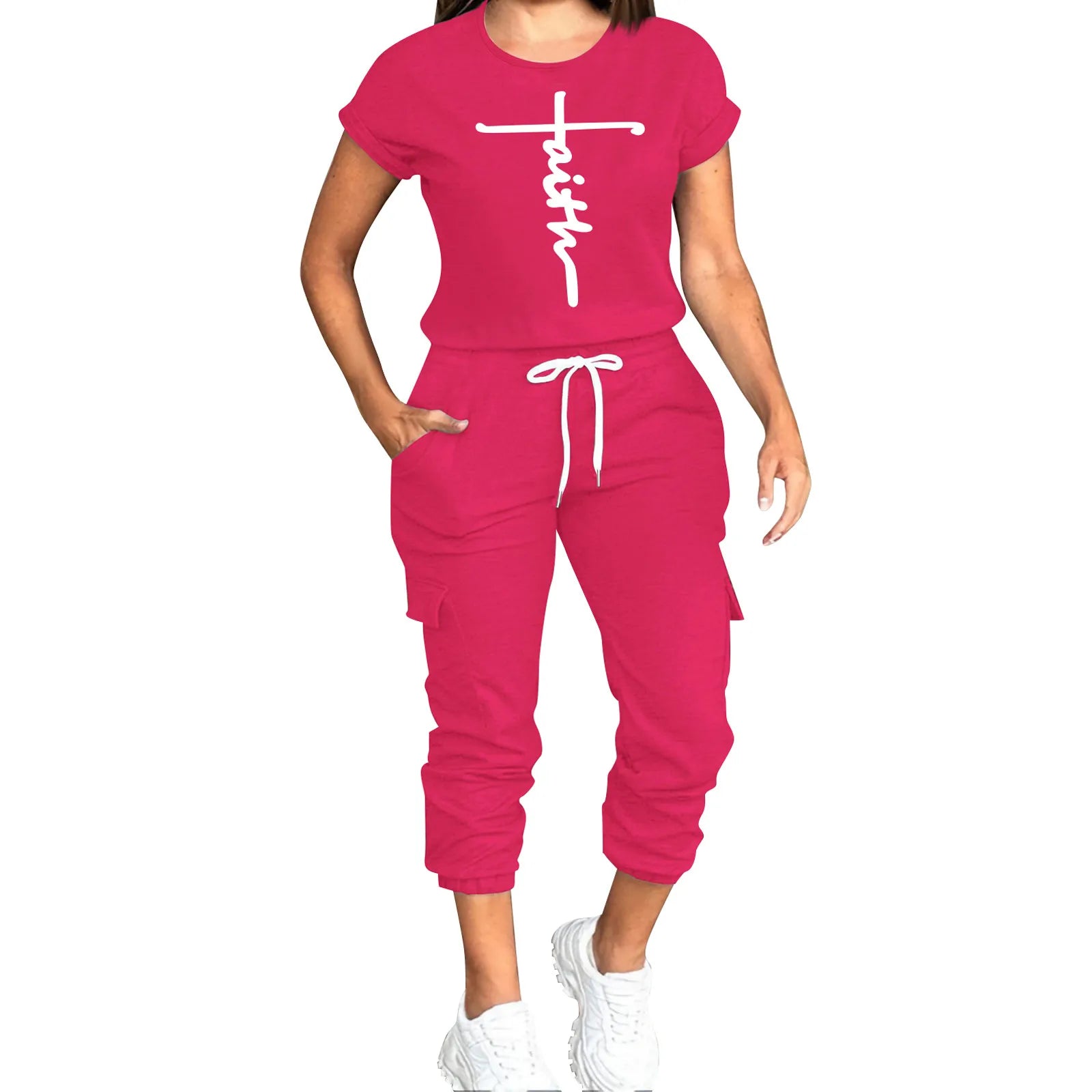 Women'S Pant Sets Monogrammed Iron-On Short Sleeve Top Lace-Up Drawstring Long Sweatpants Two Piece Set T-Shirts Women