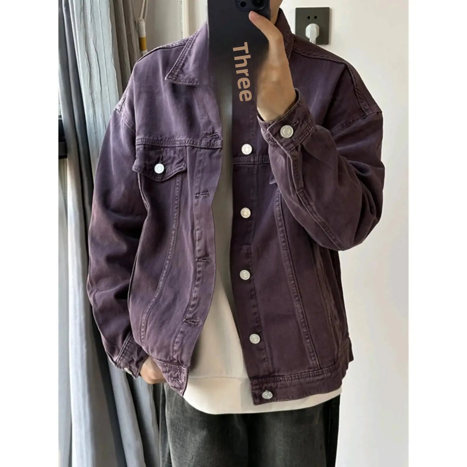 Vintage American Style Denim Jacket For Men Loose Fit Spring Autumn Niche Design Working Clothes Purple Washing Denim Jacket