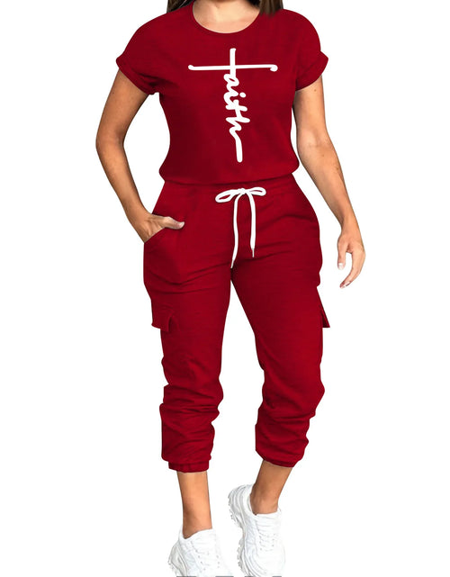 Load image into Gallery viewer, Women&#39;S Pant Sets Monogrammed Iron-On Short Sleeve Top Lace-Up Drawstring Long Sweatpants Two Piece Set T-Shirts Women
