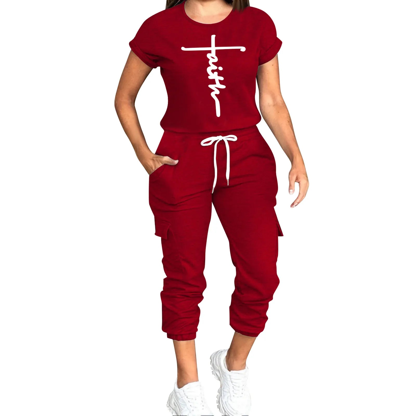 Women'S Pant Sets Monogrammed Iron-On Short Sleeve Top Lace-Up Drawstring Long Sweatpants Two Piece Set T-Shirts Women