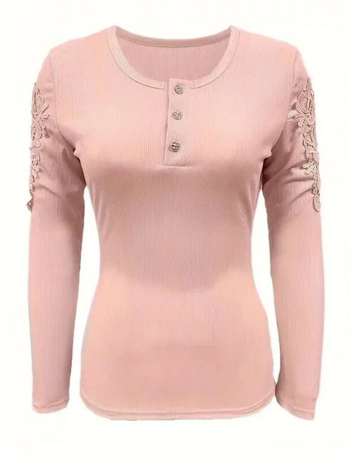 Load image into Gallery viewer, Spring and Autumn Women&#39;s Top Round Neck Button Slim Fit Long Sleeve Hollow Out T-shirt
