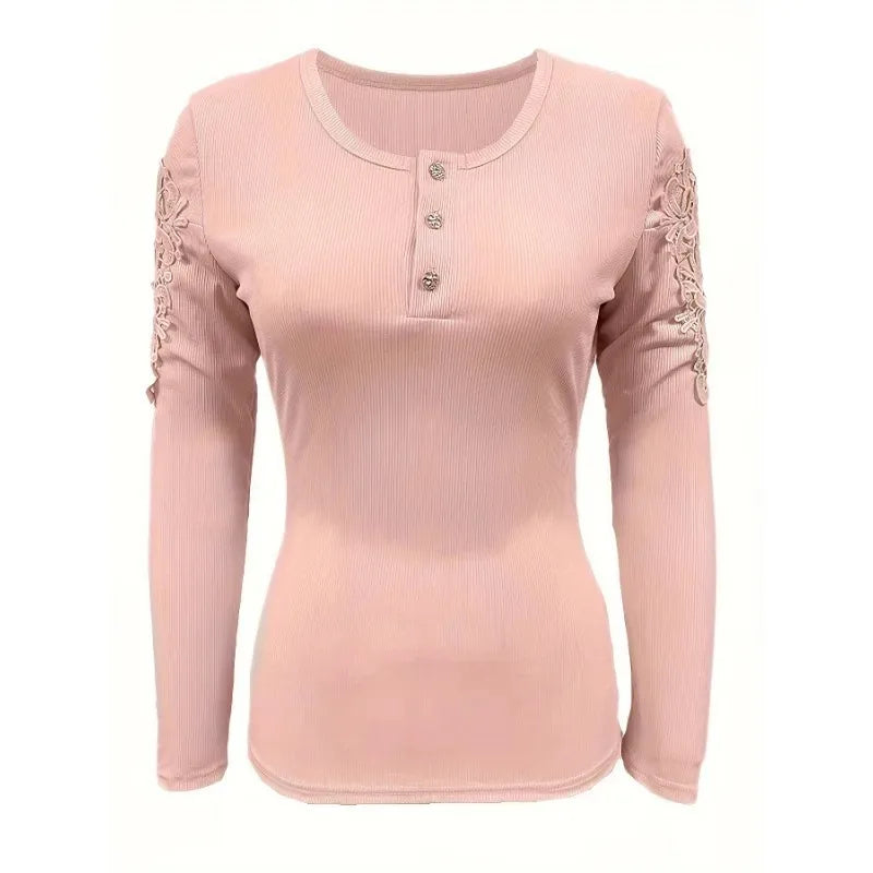 Spring and Autumn Women's Top Round Neck Button Slim Fit Long Sleeve Hollow Out T-shirt