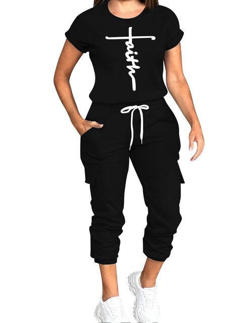 Load image into Gallery viewer, Women&#39;S Pant Sets Monogrammed Iron-On Short Sleeve Top Lace-Up Drawstring Long Sweatpants Two Piece Set T-Shirts Women
