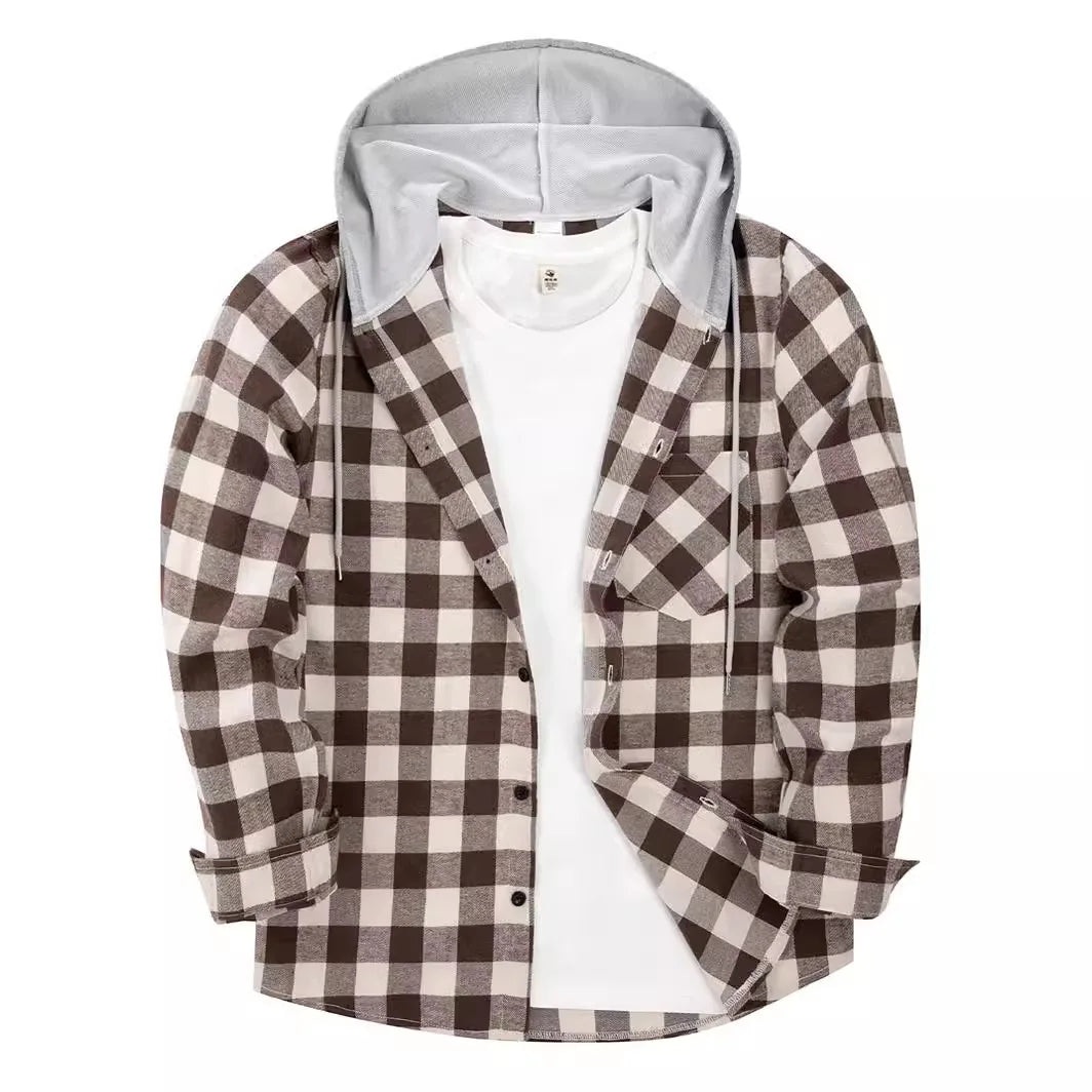 Plaid Shirts Men Loose Casual Hooded Korean Fashion Streetwear Teens Couples Designed All-match Outwear Y2k Clothes