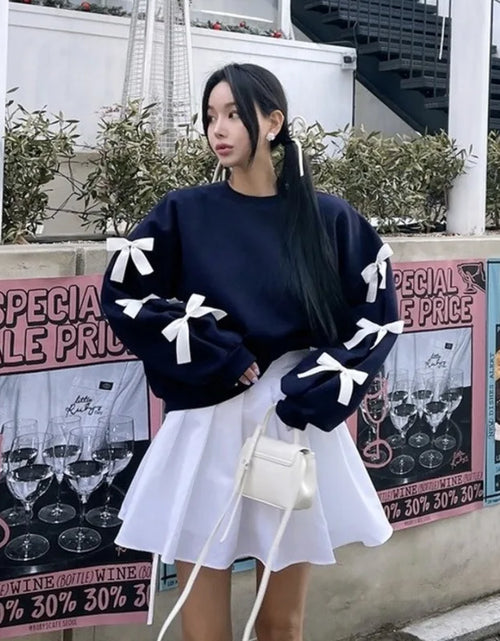 Load image into Gallery viewer, Korean Style Bow Design Sweatshirt Top Women Autumn New Casual Loose 2024 Fashion Long Sleeved Round Neck Suit K Pop Clothes
