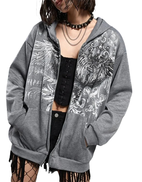 Load image into Gallery viewer, Harajuku E-girl Gothic Dark Academia Sweatshirts Grunge Punk Letter Wings Graphic Zip Up Hoodie Y2K Aesthetic Mall Goth Coat
