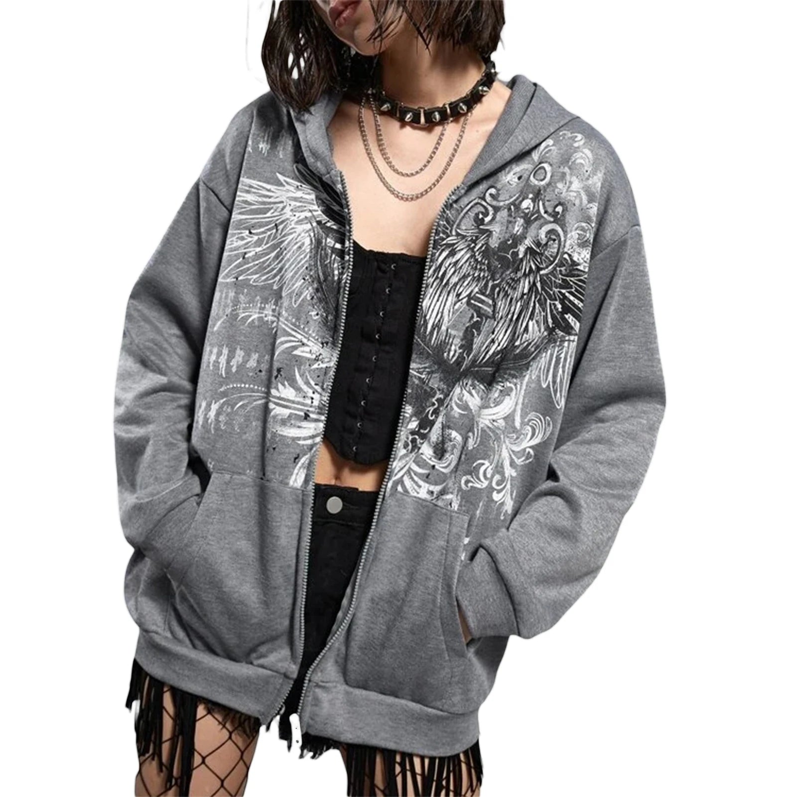 Harajuku E-girl Gothic Dark Academia Sweatshirts Grunge Punk Letter Wings Graphic Zip Up Hoodie Y2K Aesthetic Mall Goth Coat