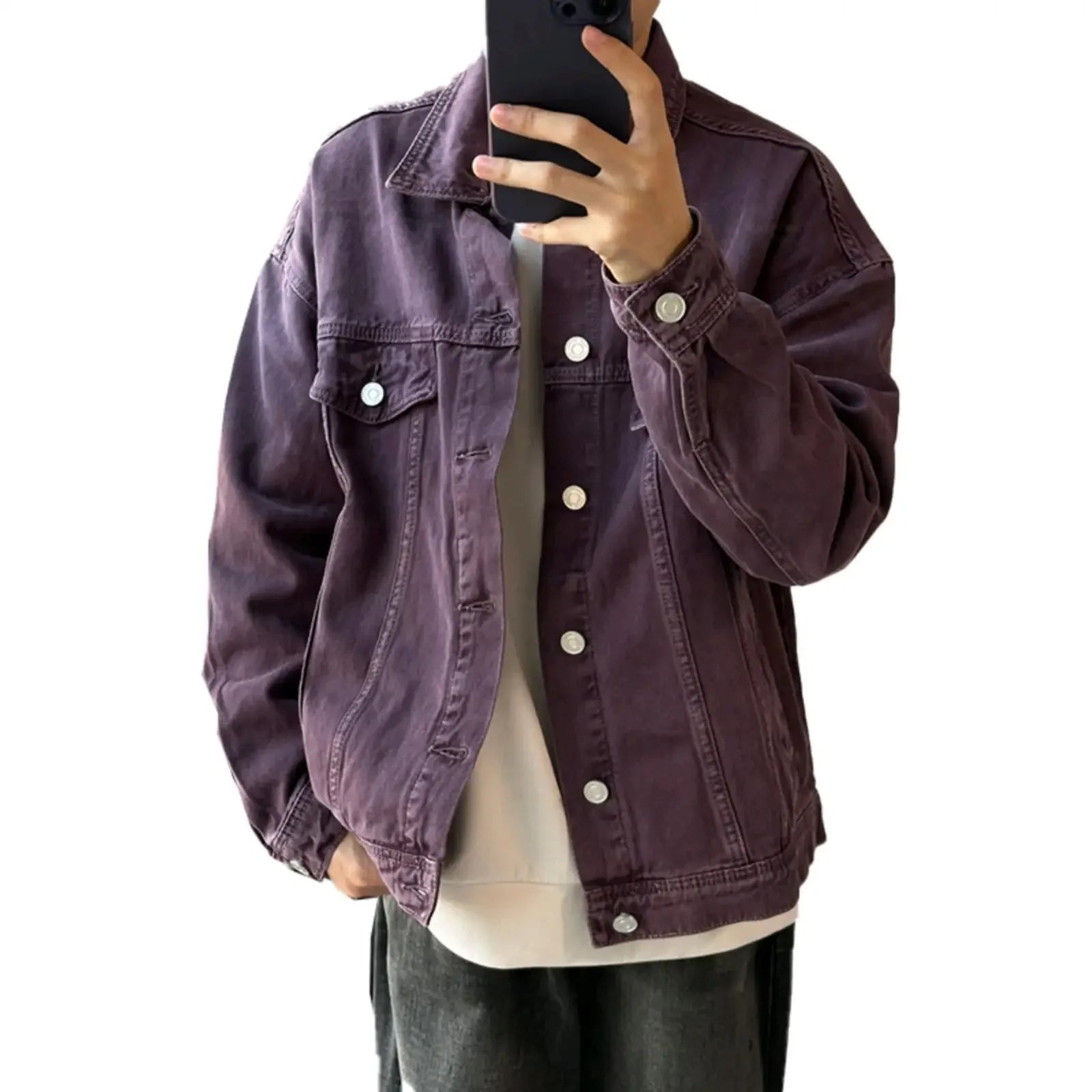 Vintage American Style Denim Jacket For Men Loose Fit Spring Autumn Niche Design Working Clothes Purple Washing Denim Jacket