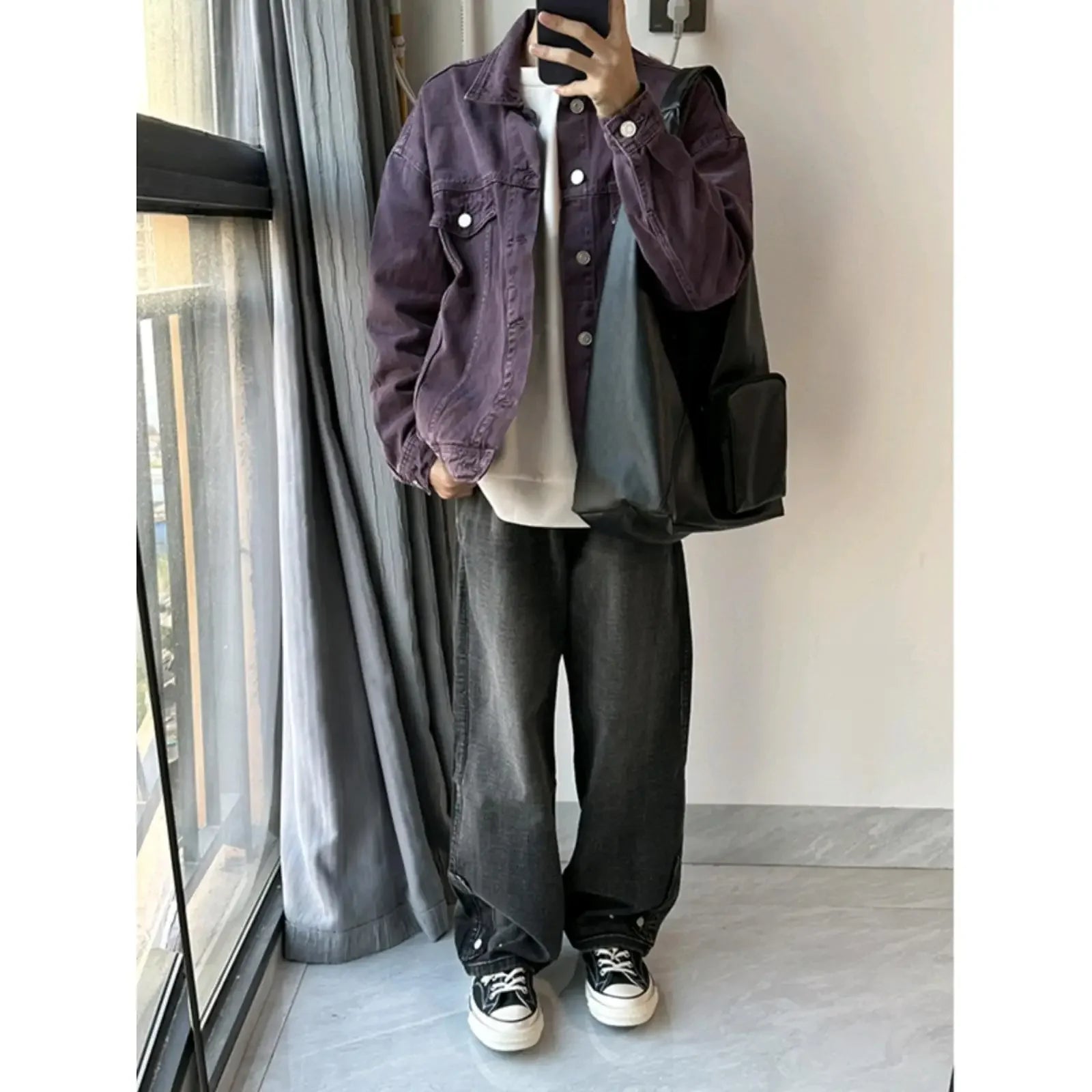 Vintage American Style Denim Jacket For Men Loose Fit Spring Autumn Niche Design Working Clothes Purple Washing Denim Jacket