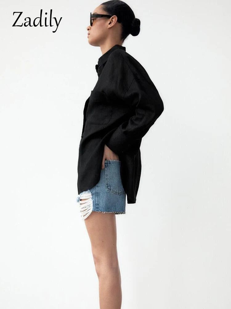 Zadily Minimalist Full Sleeve Oversize Black Women Basic Shirt Button Up Loose Woman Tuic Blouses 2023 Spring Female Long Tops