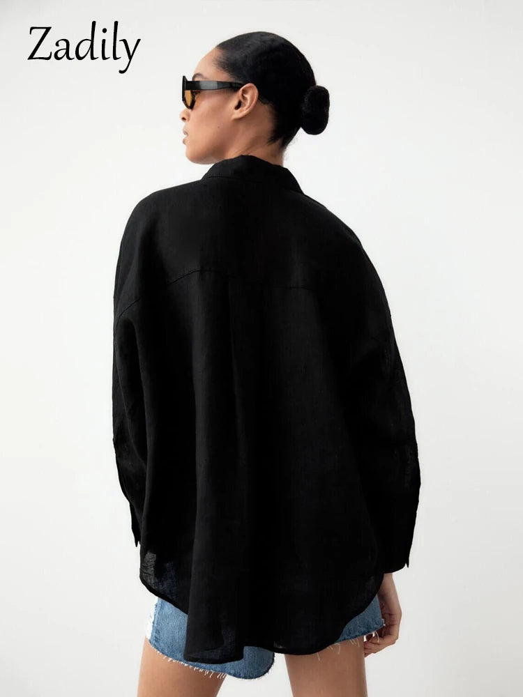 Zadily Minimalist Full Sleeve Oversize Black Women Basic Shirt Button Up Loose Woman Tuic Blouses 2023 Spring Female Long Tops