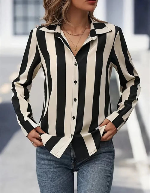 Load image into Gallery viewer, Women Spring Autumn Style Blouses Shirts Lady Casual Long Sleeve Turn-down Collar Striped Printed Blouse Tops DF5013
