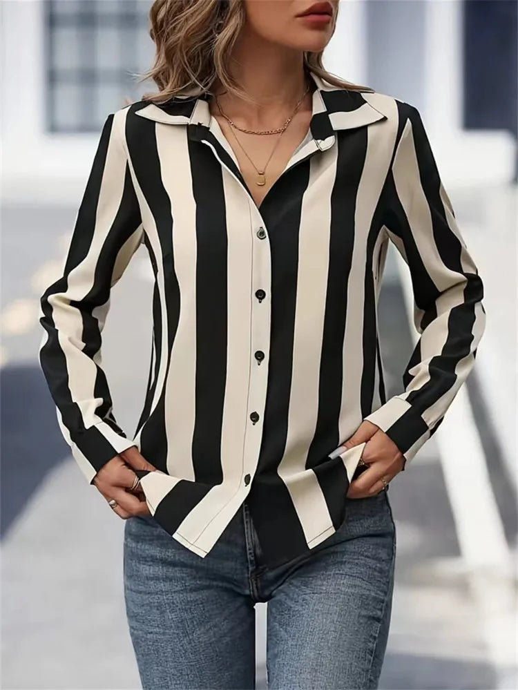 Women Spring Autumn Style Blouses Shirts Lady Casual Long Sleeve Turn-down Collar Striped Printed Blouse Tops DF5013