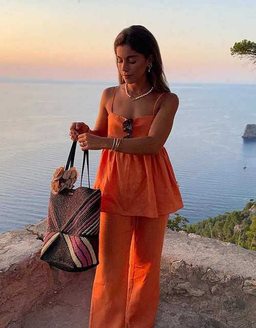 Load image into Gallery viewer, Women Fashion Orange Cropped Wide Leg Pants Suit Elegant Sleeveless Ruffle Pleated Sling Tops Set 2024 Lady Chic Vacation Outfit
