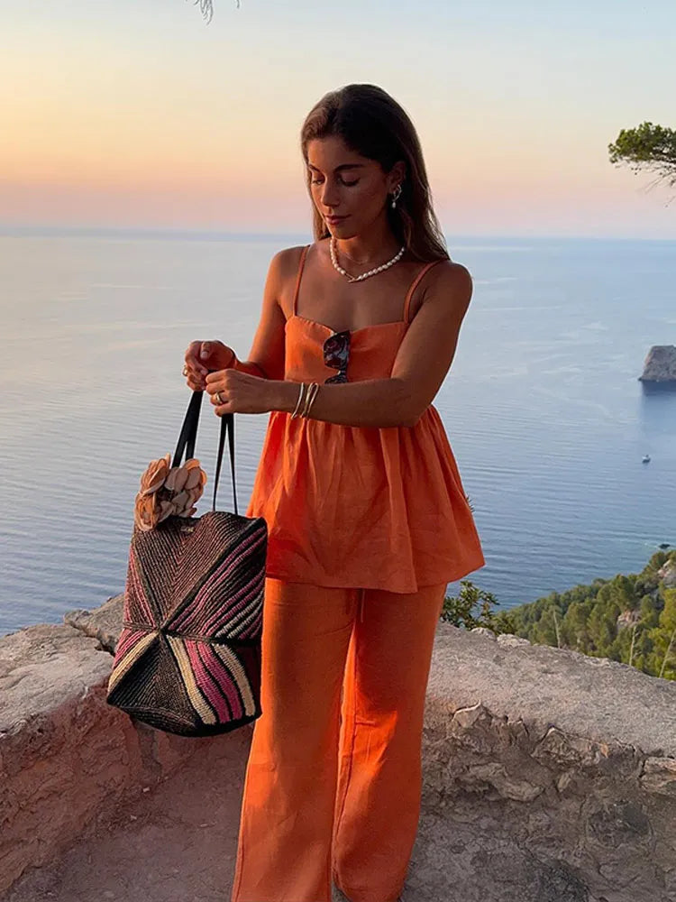 Women Fashion Orange Cropped Wide Leg Pants Suit Elegant Sleeveless Ruffle Pleated Sling Tops Set 2024 Lady Chic Vacation Outfit