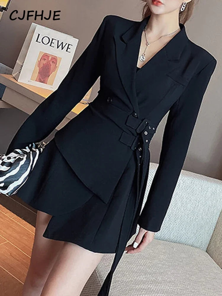 CJFHJE Mini Party Blazer Dress Women Korean One-piece Office Lady Elegant Dress Chic Sashes Design Long Sleeve Clothes Winter