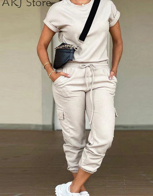 Load image into Gallery viewer, Two Piece Sets Round Neck Short Sleeve Top and Drawstring Pocket Pants Set
