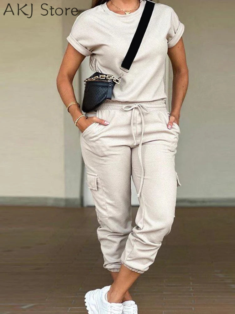 Two Piece Sets Round Neck Short Sleeve Top and Drawstring Pocket Pants Set