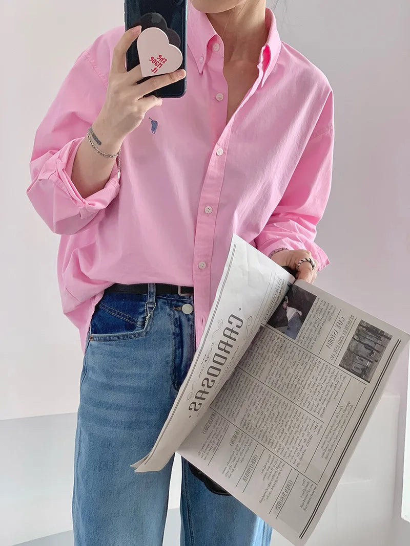 French Original Embroidery Shirt Blouse Women Long Sleeve Turn Down Collar Loose Casual Basic Overshirt Tops