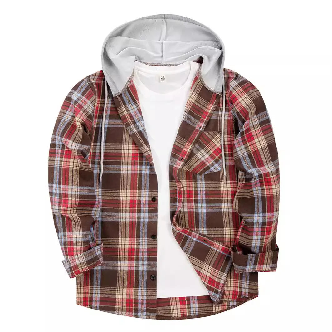 Plaid Shirts Men Loose Casual Hooded Korean Fashion Streetwear Teens Couples Designed All-match Outwear Y2k Clothes