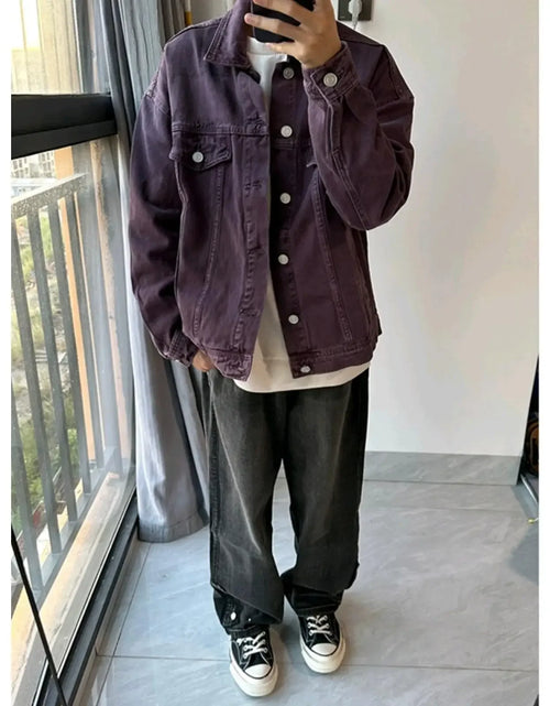 Load image into Gallery viewer, Vintage American Style Denim Jacket For Men Loose Fit Spring Autumn Niche Design Working Clothes Purple Washing Denim Jacket
