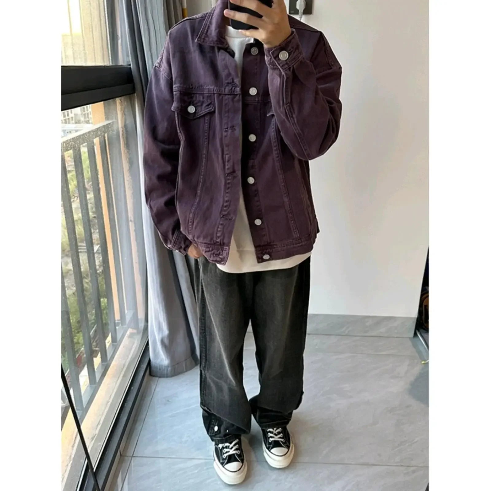 Vintage American Style Denim Jacket For Men Loose Fit Spring Autumn Niche Design Working Clothes Purple Washing Denim Jacket