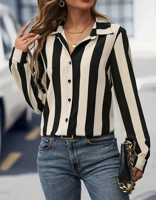 Load image into Gallery viewer, Women Spring Autumn Style Blouses Shirts Lady Casual Long Sleeve Turn-down Collar Striped Printed Blouse Tops DF5013
