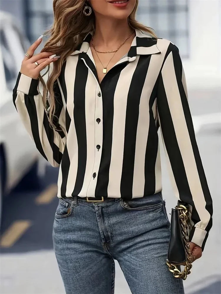 Women Spring Autumn Style Blouses Shirts Lady Casual Long Sleeve Turn-down Collar Striped Printed Blouse Tops DF5013