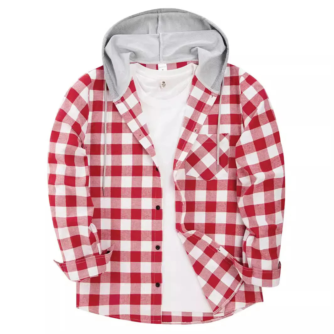 Plaid Shirts Men Loose Casual Hooded Korean Fashion Streetwear Teens Couples Designed All-match Outwear Y2k Clothes