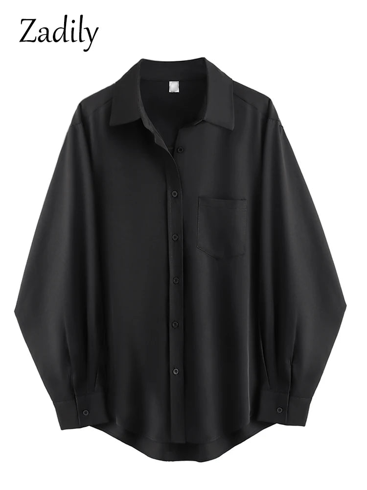 Zadily Minimalist Full Sleeve Oversize Black Women Basic Shirt Button Up Loose Woman Tuic Blouses 2023 Spring Female Long Tops