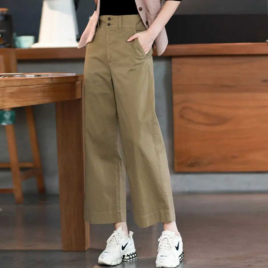 Cotton Nine Point Wide Leg Pants For Women's 2023 Summer New Korean High Waisted Loose Fitting Straight Tube Harun Casual Pants