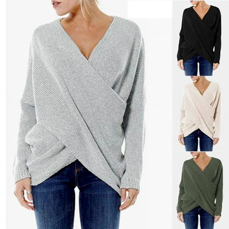 Women Autumn Winter Batwing Sleeve Knitted Sweater Vintage Harajuku Cross Pullover Elegant V Neck Loose Oversized Jumper Tops