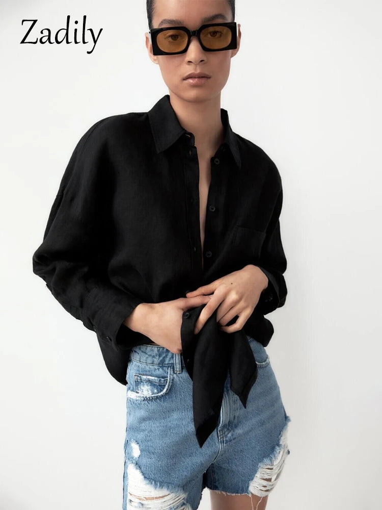 Zadily Minimalist Full Sleeve Oversize Black Women Basic Shirt Button Up Loose Woman Tuic Blouses 2023 Spring Female Long Tops