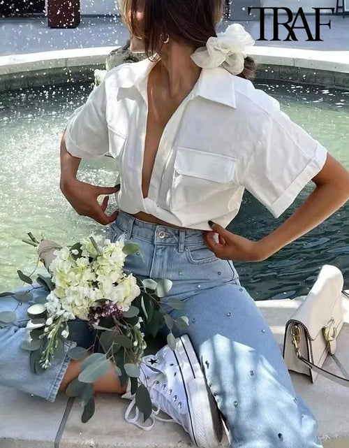 Load image into Gallery viewer, TRAF Women Fashion Front Knot Elastic Linen Cropped Shirts Vintage Short Sleeve Patch Pockets Female Blouses Blusa Chic Tops
