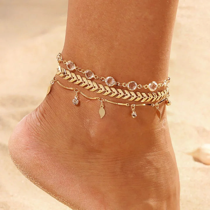 Women's Gold Color Crystal Star Anklets Set